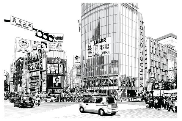 TOKYO, famous Shibuya crossroad TOKYO, famous Shibuya crossroad - Vector illustration (all advertisements are fake, all characters are fictitious) crowd of people drawings stock illustrations
