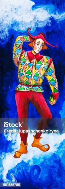 Fashionable Illustration Of An Allegory Of Modern Art Impressionism Painting Symbolic Composition My Original Oil Painting On Canvas Vertical Portrait Figure Fairy Tale Character Harlequin Dancing On A Cloud In A Theatrical Costume From Colorful Patches O Stock Illustration - Download Image Now