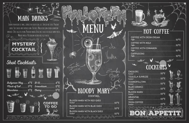 ilustrações, clipart, desenhos animados e ícones de projeto do menu do desenho de giz do vintage halloween. menu do restaurante - zombie cocktail