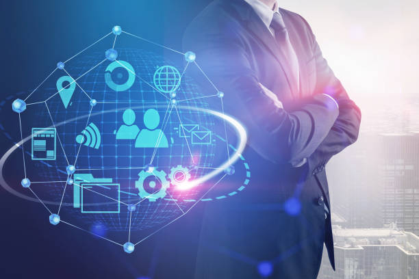 istock Confident businessman in city, internet interface 1151593706