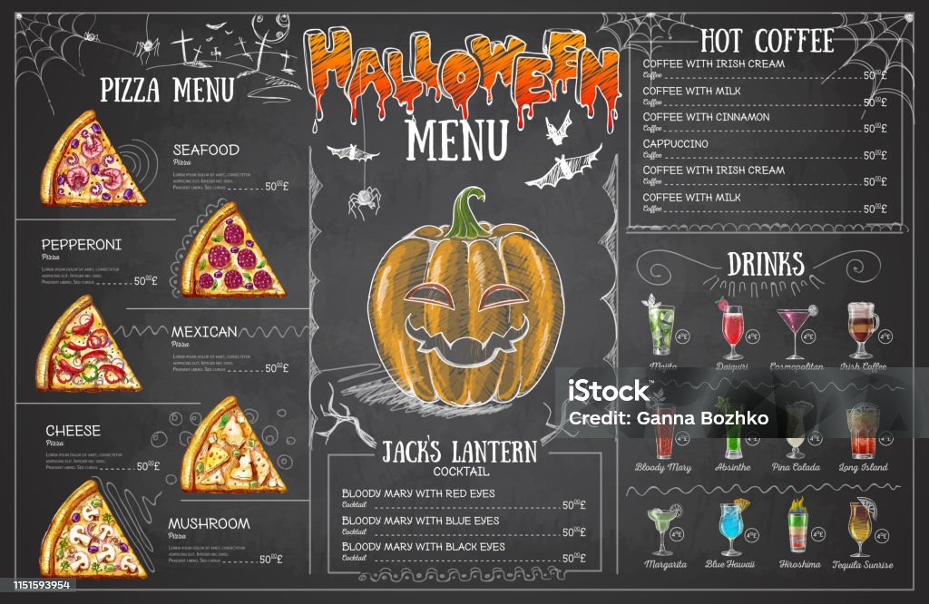 Vintage chalk drawing halloween menu design. Restaurant menu Cocktail stock vector