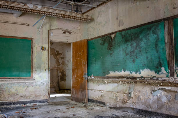 Two green chalkboards abandoned in a long forgotten school