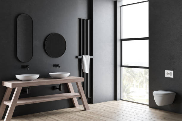istock Gray bathroom interior with double sink 1151595292