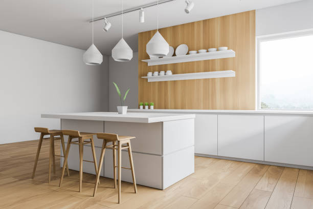 istock Side view of white kitchen bar 1151595305