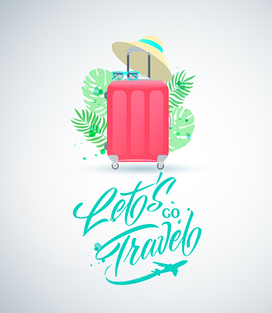 Vector illustration. Let's go Travel handwritten lettering with red suitcase. Let's go Travel typography vector design for greeting cards and poster. Design template celebration.