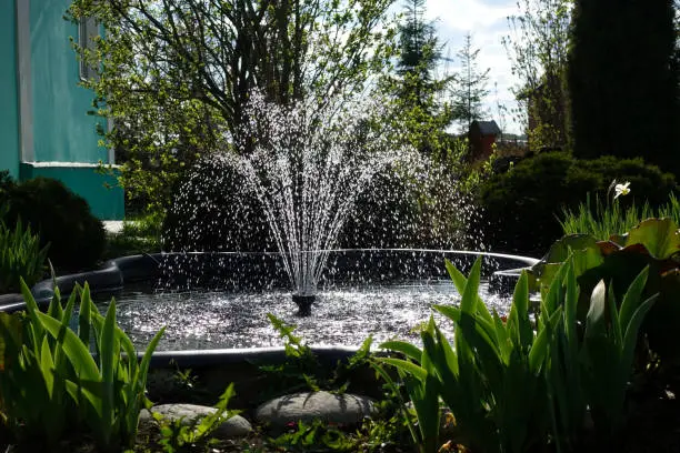 Photo of A small fountain in the garden. Garden architecture