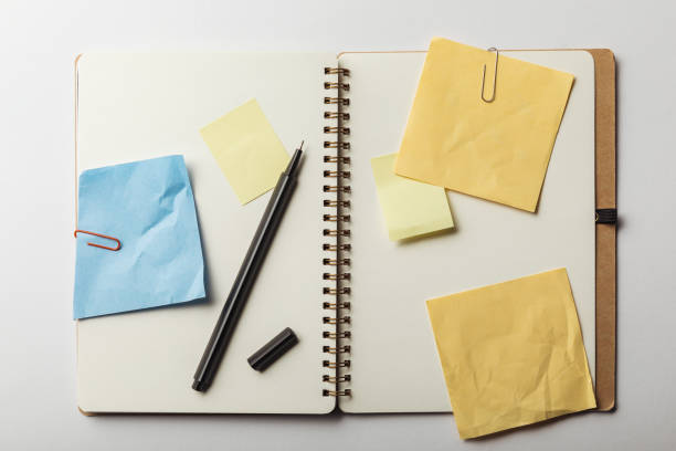 istock top view of opened notebook with blue and yellow sticky notes with paper clips on white background 1151599220