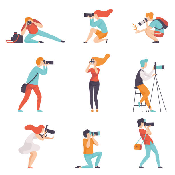 Photographers Taking Photos Using Professional Equipment Set, Men and Women with Cameras Making Pictures Vector Illustration Photographers Taking Photos Using Professional Equipment Set, Men and Women with Cameras Making Pictures Vector Illustration on White Background. paparazzi photographer illustrations stock illustrations