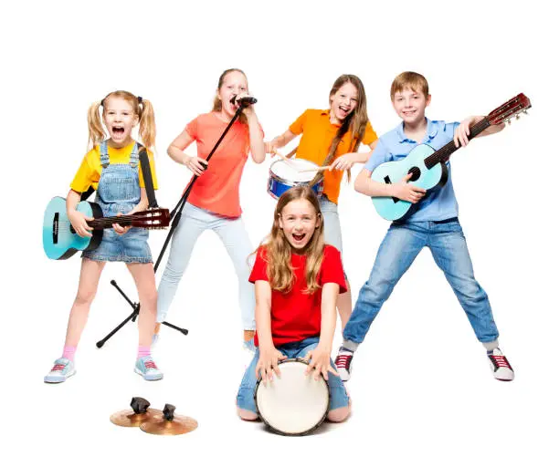 Photo of Children Group Playing on Music Instruments, Kids Musical Band on White