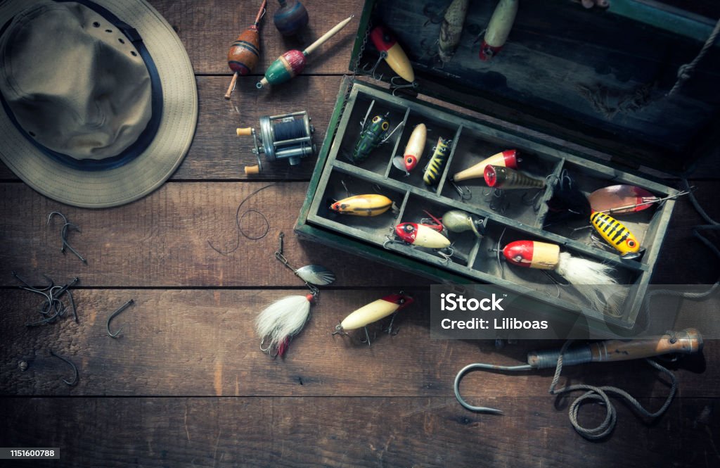 Vintage Fishing Tackle Background Stock Photo - Download Image Now - Fishing  Tackle, Box - Container, Fishing - iStock