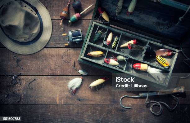 Vintage Fishing Tackle Background Stock Photo - Download Image Now
