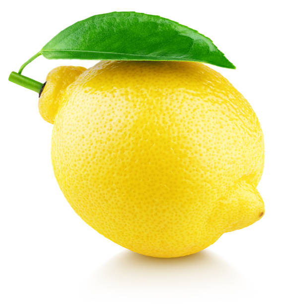 istock Full yellow lemon citrus fruit with leaf on white 1151601676