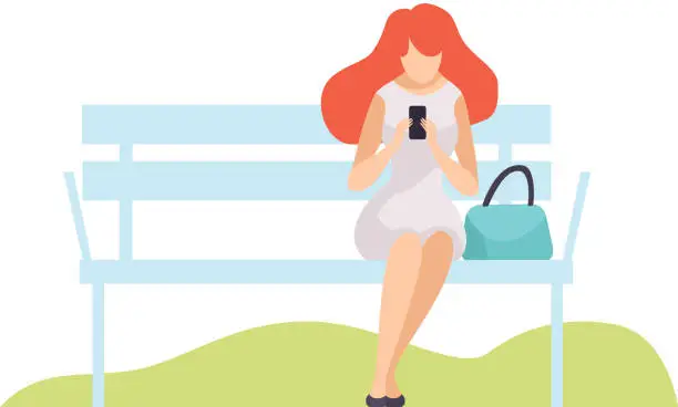 Vector illustration of Girl Using Smartphone While Sitting on Bench in Park, Young Woman Relaxing and Enjoying Nature Outdoors Vector Illustration