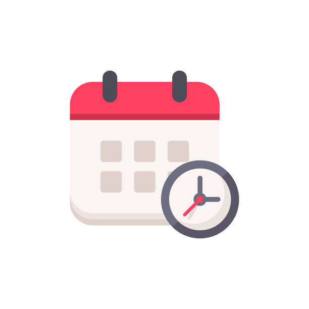 kalender mit uhr-flat icon. pixel perfect. für mobile und web. - calendar date illustrations stock-grafiken, -clipart, -cartoons und -symbole