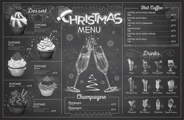 istock Vintage chalk drawing christmas menu design with champagne. Restaurant menu 1151604567