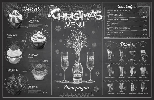 istock Vintage chalk drawing christmas menu design with champagne. Restaurant menu 1151604603