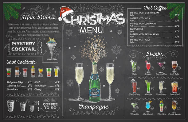 illustrazioni stock, clip art, cartoni animati e icone di tendenza di design del menu natalizio di disegno in gesso vintage con champange. menu ristorante - blackboard christmas retro revival old fashioned