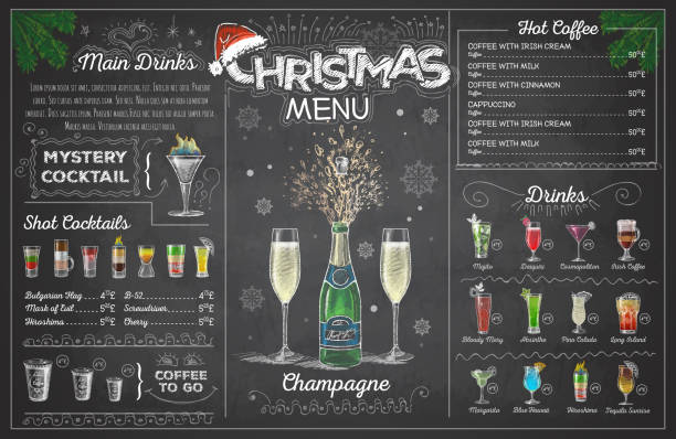 bildbanksillustrationer, clip art samt tecknat material och ikoner med vintage krita ritning julmeny design med champange. restaurang meny - julfika
