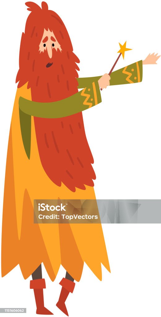 Male Sorcerer Conjuring with Magic Wand, Redhead Bearded Wizard Character Vector Illustration Male Sorcerer Conjuring with Magic Wand, Redhead Bearded Wizard Character Vector Illustration on White Background. Adult stock vector