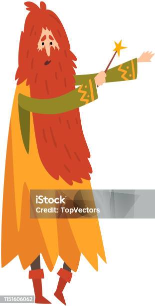 Male Sorcerer Conjuring With Magic Wand Redhead Bearded Wizard Character Vector Illustration Stock Illustration - Download Image Now