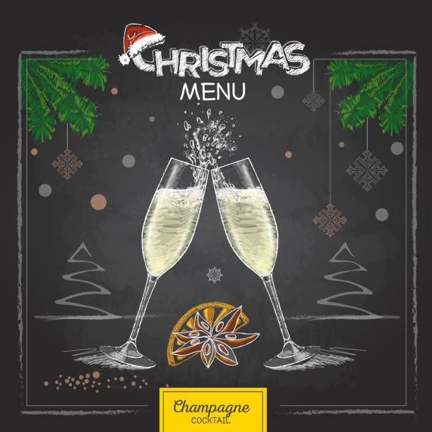 мел рисунок праздник рождественские бокалы шампанского - cork wine backgrounds frame stock illustrations