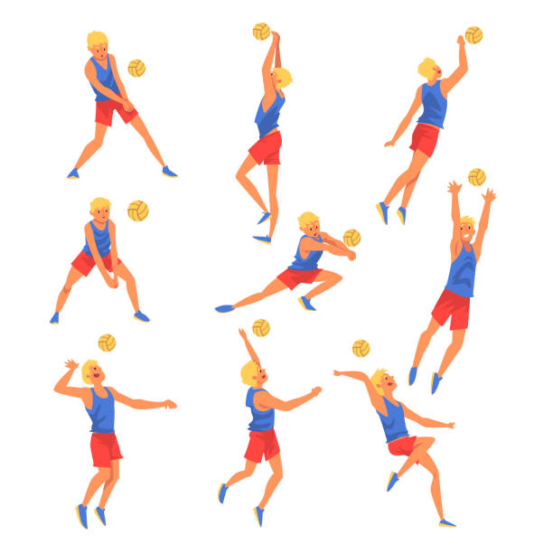 ilustrações de stock, clip art, desenhos animados e ícones de male volleyball player playing witn ball set, professional sportsman character wearing sports uniform vector illustration - volleyball volleying human hand men