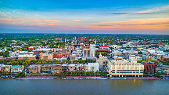 Downtown Savannah Georgia Skyline Aerial.