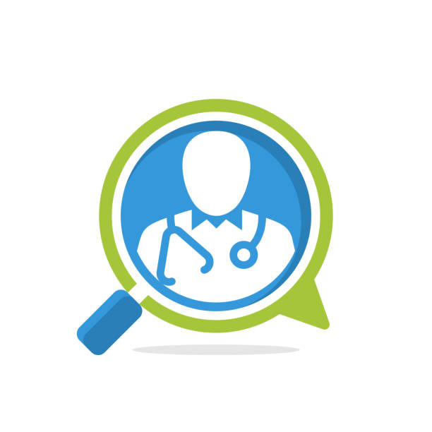 ilustraciones, imágenes clip art, dibujos animados e iconos de stock de icono de ilustración con el concepto de buscar información de salud consultando a un médico - discovery