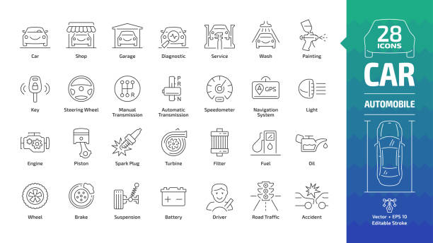 sada ikon obrysu vozu se základními automobilovými symboly: automobil, automatický servis, praní a obchod, oprava vozidla, kolo a pneumatiky, olej a palivo, motor, píst, převodovka, filtr a více upravitelné značky zdvihu. - řízení auta přesun motorového vozidla stock ilustrace