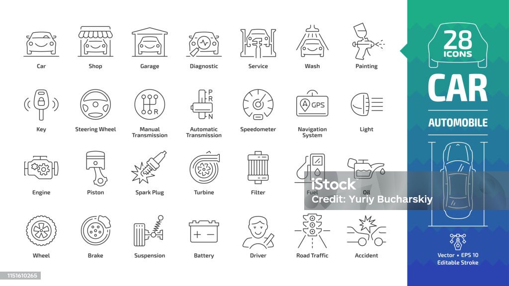 Car outline icon set with basic automotive symbols: automobile, auto service, wash & shop, vehicle repair, wheel & tire, oil & fuel, engine, piston, transmission, filter and more editable stroke sign. Icon stock vector