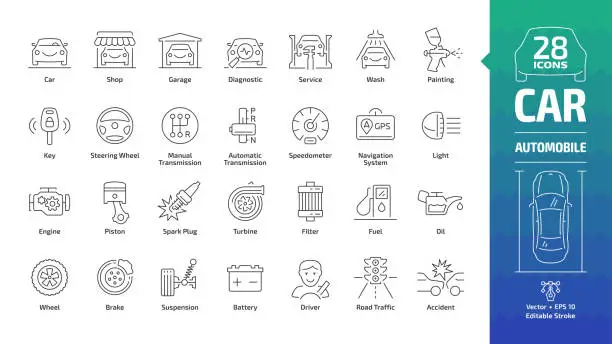 Vector illustration of Car outline icon set with basic automotive symbols: automobile, auto service, wash & shop, vehicle repair, wheel & tire, oil & fuel, engine, piston, transmission, filter and more editable stroke sign.