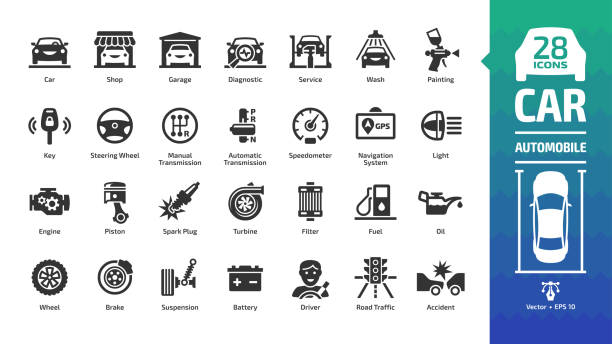 Car icon set with basic automotive symbols: automobile, auto service, wash & shop, vehicle repair, wheel & tire, oil & fuel, engine, battery, road traffic, brake, spark plug and more glyph sign. vector art illustration