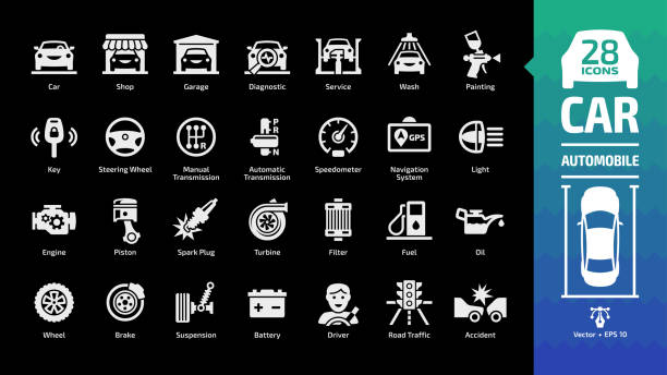 Car icon set on a black background with basic automotive symbols: automobile, auto service, wash & shop, vehicle repair, steering wheel, manual & automatic transmission and more glyph sign. vector art illustration