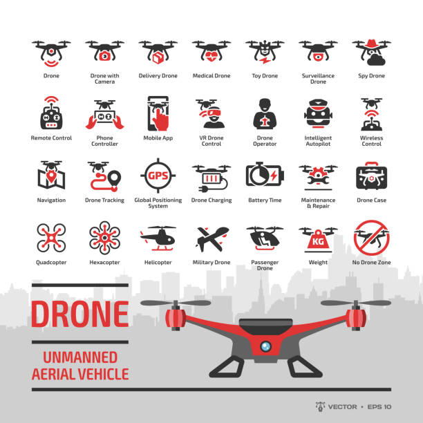 Drone unmanned aerial vehicle glyph icon set with flat red UAV, skyline, autonomous technology, sky camera, military and delivery aircraft robots, helicopter, remote control silhouette symbols. vector art illustration