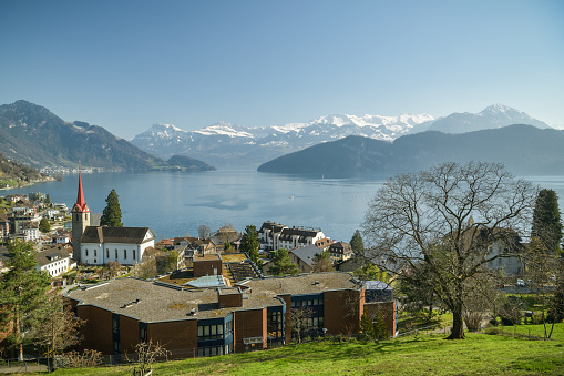 Weggis, Switzerland - March 30, 2019: Beautiful view on Lake Luzern and Alps above the Weggis village, Switzerland during sunny spring day