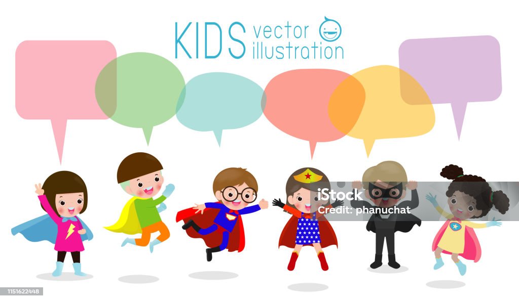 Cute superhero kids with speech bubbles, Set of superhero child with speech bubbles isolated on white background Child stock vector