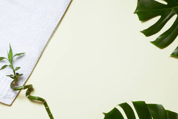 istock Flat lay of spa concept with white towel, bamboo and palm leaf, spa background with a space for a text, flat lay, view from above. 1151624094