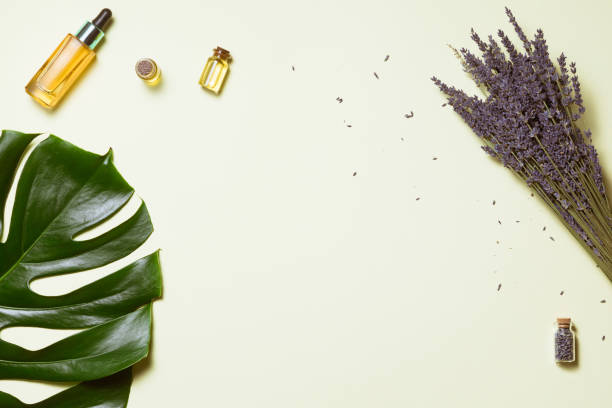 라벤더 꽃과 복사 공간, 평면도와 평면 누워 흰색 배경에 기름을 가진 유기 화장품 - lavender lavender coloured flower herb 뉴스 사진 이미지