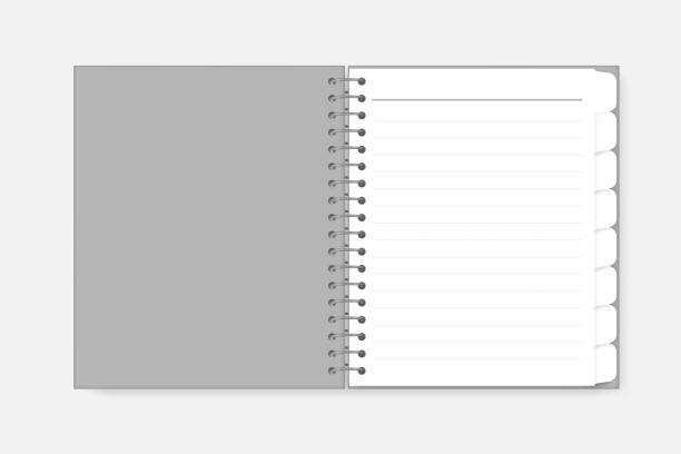 offenes spiralnotebook mit tab-trennwänden, vektormockup. drahtgebundene tagebuch mit grauem deckel und weiß dotgefütterten blättern, schablone. notizblock erste seite - book open page hardcover book stock-grafiken, -clipart, -cartoons und -symbole