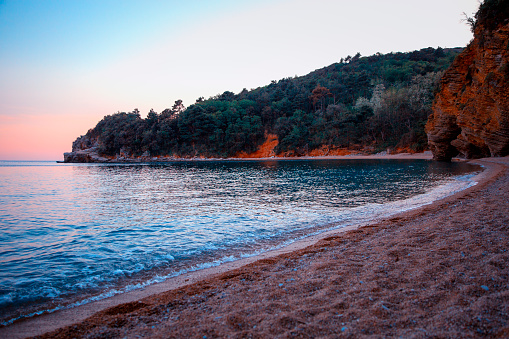 Mogren beach near Budva, Montenegro at blue hour.
