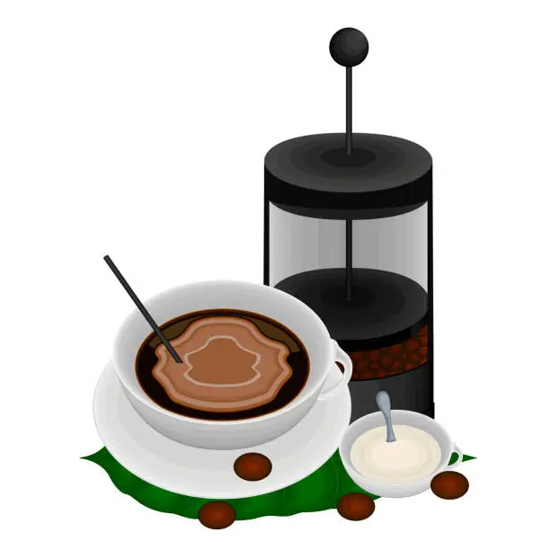Vector illustration of French press with a coffee cup and cream