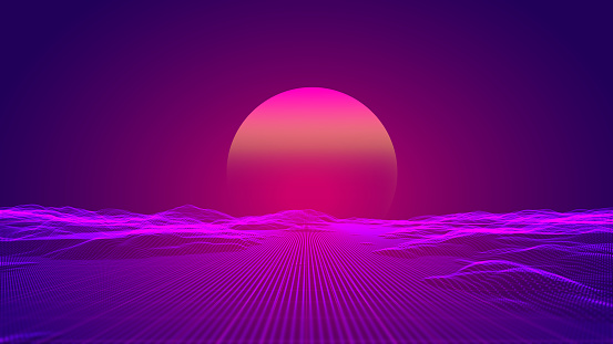 New retro background with sun set over pink wire terrain. Horizontal composition with copy space.