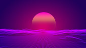 New Retro Background With Sun Set Over Pink Wire Terrain