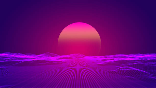 Photo of New Retro Background With Sun Set Over Pink Wire Terrain