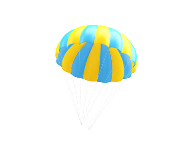 Blue and yellow striped parachute on white background. Horizontal composition with copy space.