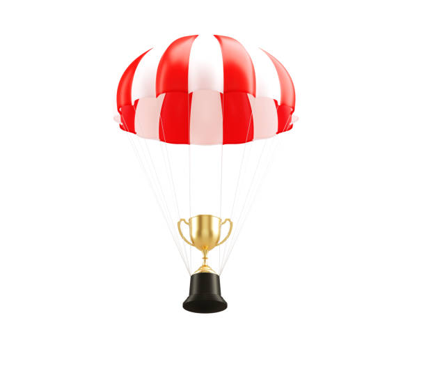 istock Red And White Striped Parachute With A Gold Trophy On White Background 1151630242