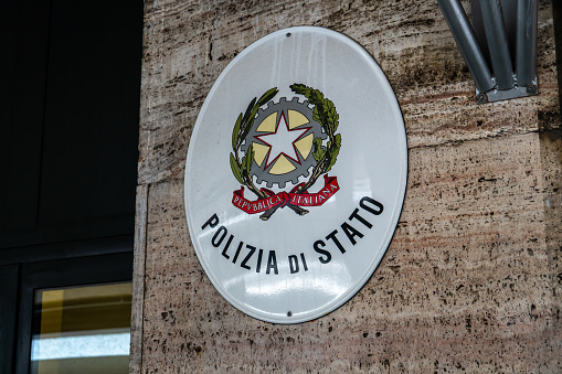 Rome, Italy - August 14, 2018: Signage of Italian Polizia di Stato (State Police or PS), that is one of the national police forces of Italy responsible for highway patrol, railways, airports, customs