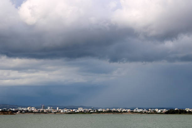 view of salt lake in the rainy weather in larnaca, cyprus - gulls in flight birds over water foggy scene with birds imagens e fotografias de stock