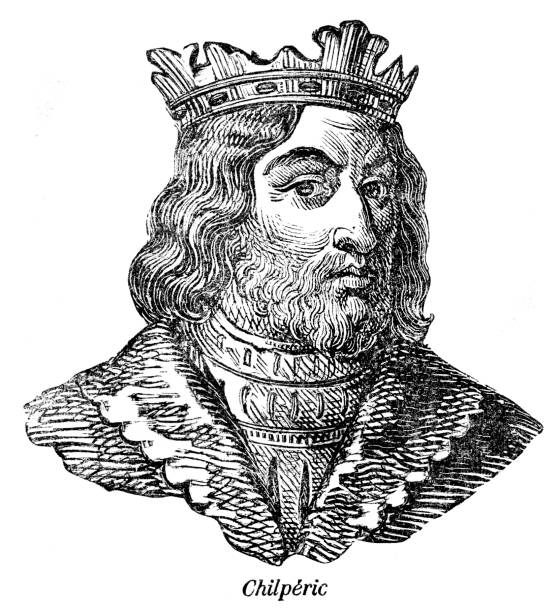 ilustrações, clipart, desenhos animados e ícones de chilperic mim rei do retrato de neustria - crown king illustration and painting engraving