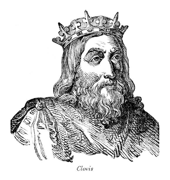 ilustrações, clipart, desenhos animados e ícones de clovis primeiro rei do retrato de franks - crown king illustration and painting engraving